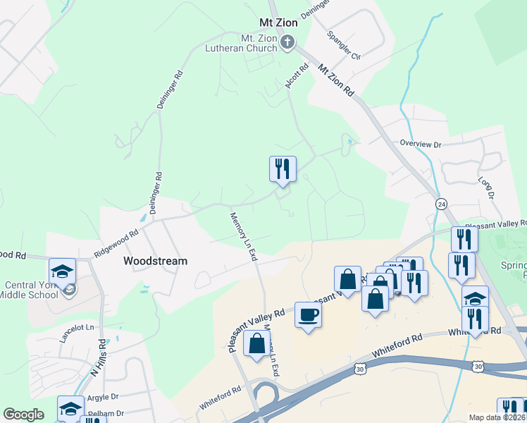 map of restaurants, bars, coffee shops, grocery stores, and more near 1921 Memory Ln Exd in York
