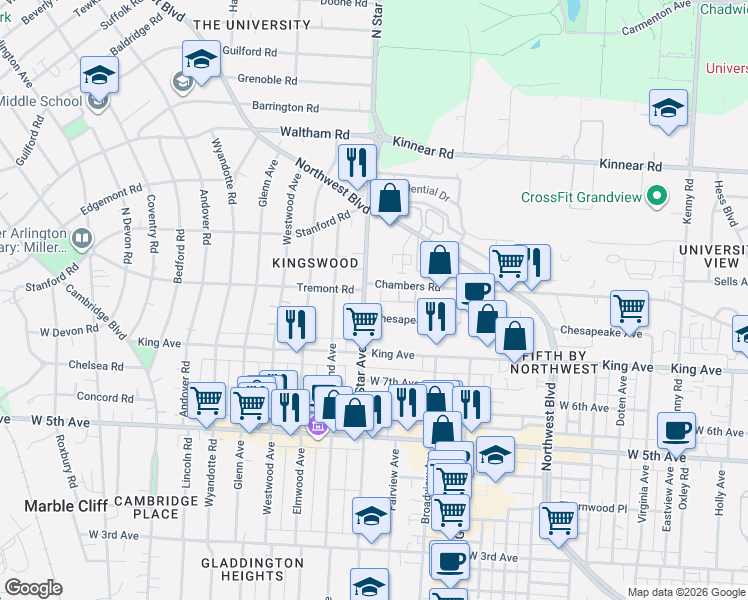 map of restaurants, bars, coffee shops, grocery stores, and more near 1737 North Star Road in Columbus