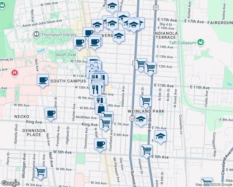 map of restaurants, bars, coffee shops, grocery stores, and more near 100 East 9th Avenue in Columbus