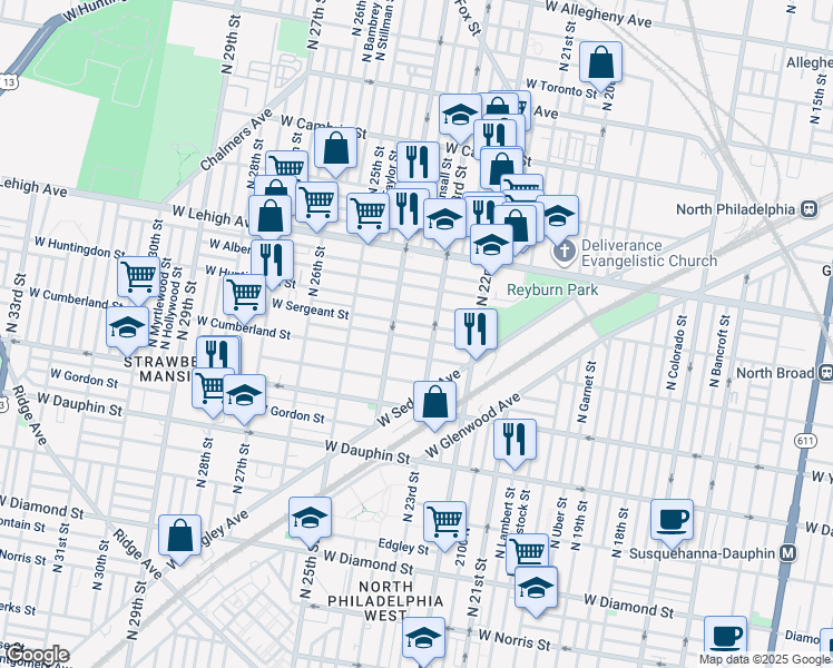 map of restaurants, bars, coffee shops, grocery stores, and more near 2321 West Firth Street in Philadelphia