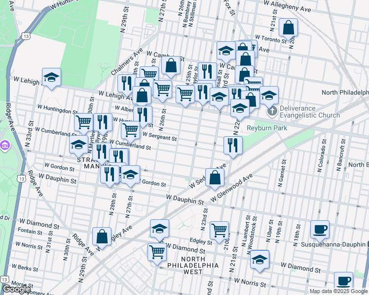 map of restaurants, bars, coffee shops, grocery stores, and more near 2432 West Firth Street in Philadelphia