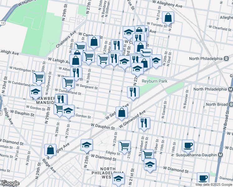 map of restaurants, bars, coffee shops, grocery stores, and more near 2339 West Cumberland Street in Philadelphia