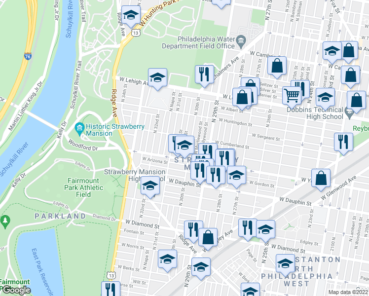 map of restaurants, bars, coffee shops, grocery stores, and more near 2437 North Corlies Street in Philadelphia