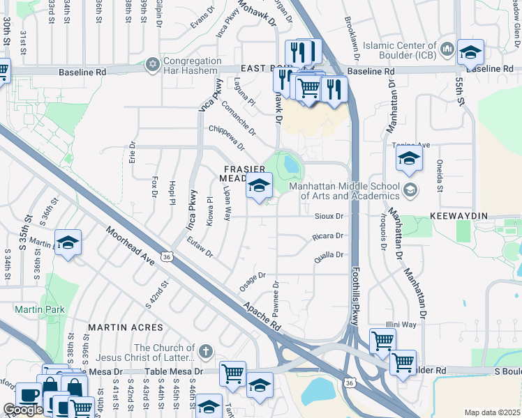 map of restaurants, bars, coffee shops, grocery stores, and more near 4570 Sioux Drive in Boulder