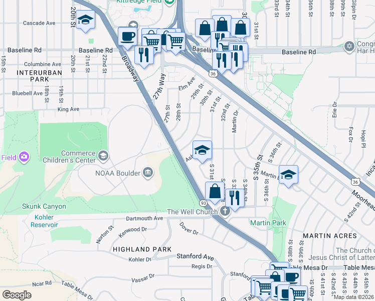 map of restaurants, bars, coffee shops, grocery stores, and more near 3015 Ash Avenue in Boulder