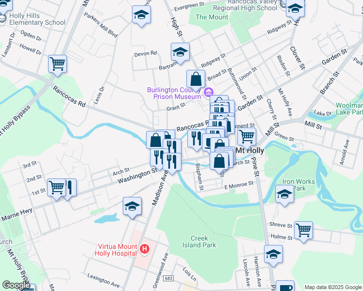 map of restaurants, bars, coffee shops, grocery stores, and more near 63 Washington Street in Mount Holly
