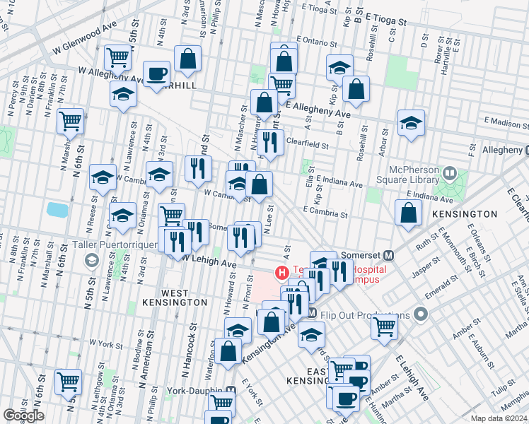 map of restaurants, bars, coffee shops, grocery stores, and more near 2849 North Front Street in Philadelphia