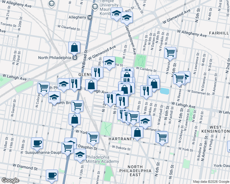 map of restaurants, bars, coffee shops, grocery stores, and more near in Philadelphia