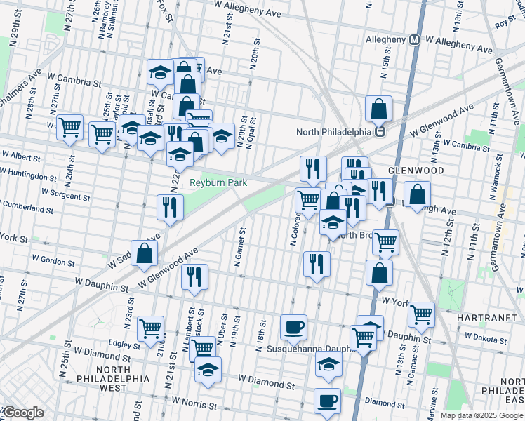 map of restaurants, bars, coffee shops, grocery stores, and more near 2558 North Cleveland Street in Philadelphia