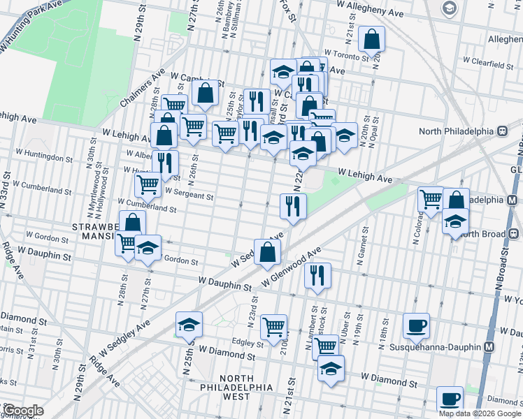 map of restaurants, bars, coffee shops, grocery stores, and more near 2505 North 23rd Street in Philadelphia