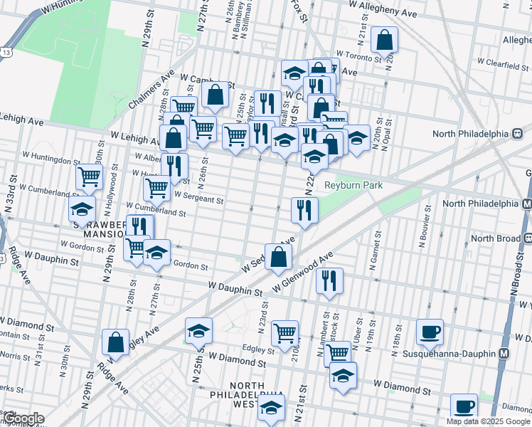 map of restaurants, bars, coffee shops, grocery stores, and more near 2339 West Cumberland Street in Philadelphia