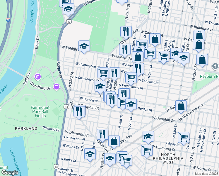 map of restaurants, bars, coffee shops, grocery stores, and more near 2440 North Hollywood Street in Philadelphia