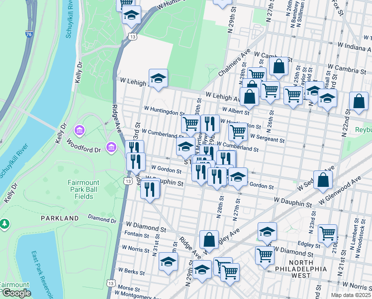 map of restaurants, bars, coffee shops, grocery stores, and more near 2437 North Corlies Street in Philadelphia
