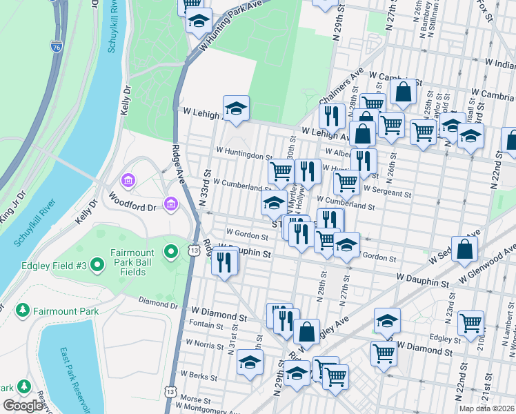 map of restaurants, bars, coffee shops, grocery stores, and more near 2408 North 31st Street in Philadelphia