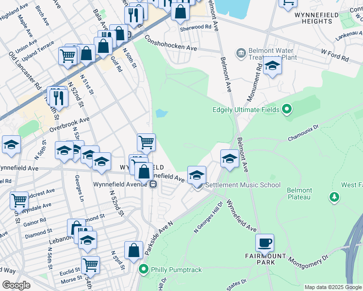map of restaurants, bars, coffee shops, grocery stores, and more near 2200 North 49th Street in Philadelphia