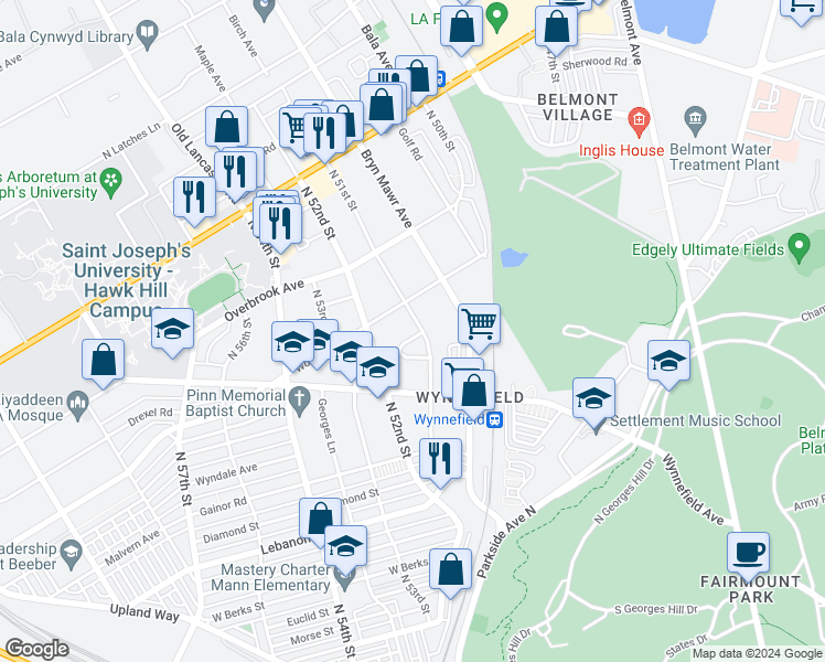 map of restaurants, bars, coffee shops, grocery stores, and more near 5115 West Dakota Street in Philadelphia