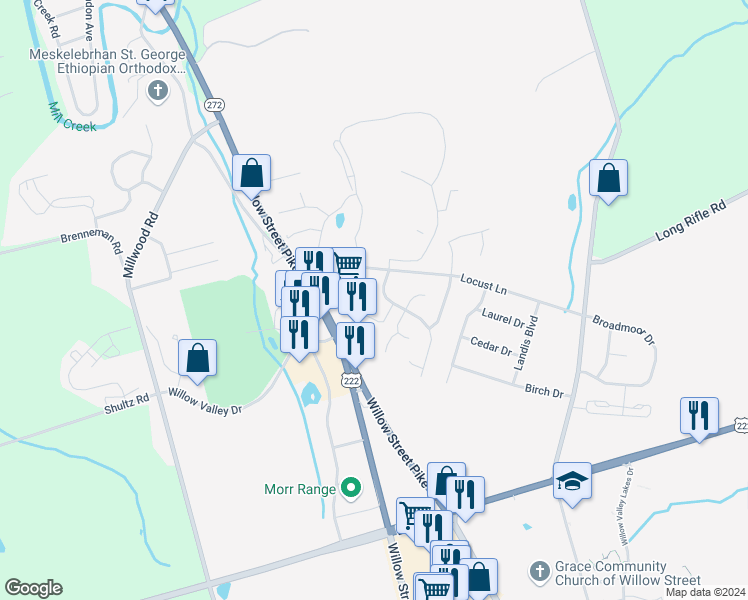 map of restaurants, bars, coffee shops, grocery stores, and more near 104 Lynette Circle in Willow Street