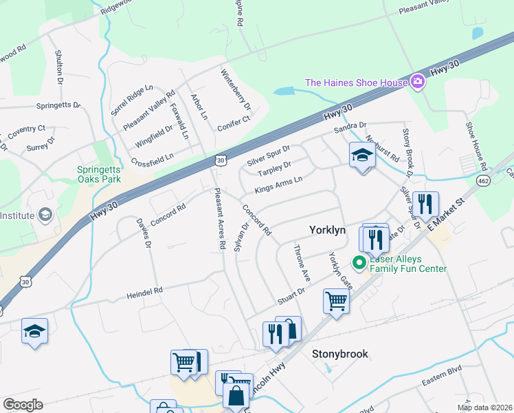 map of restaurants, bars, coffee shops, grocery stores, and more near 3833 Concord Road in York