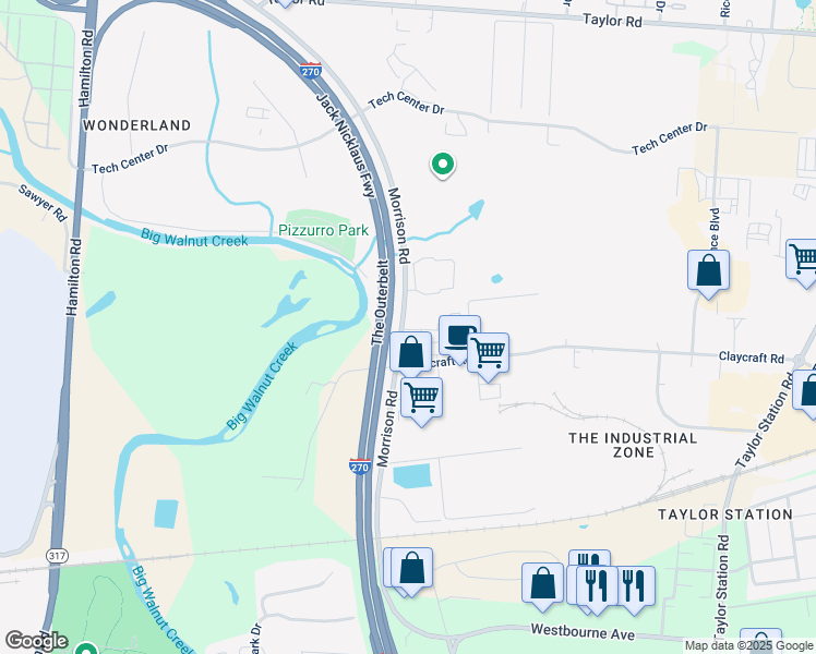 map of restaurants, bars, coffee shops, grocery stores, and more near 740 Morrison Road in Columbus