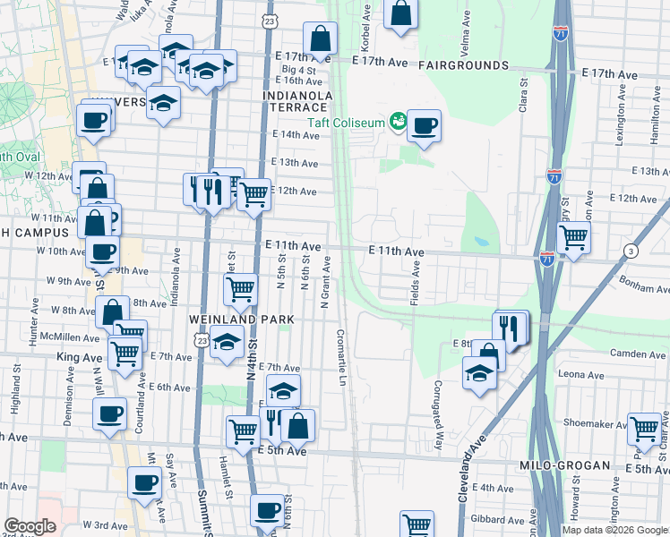 map of restaurants, bars, coffee shops, grocery stores, and more near 1450 North Grant Avenue in Columbus