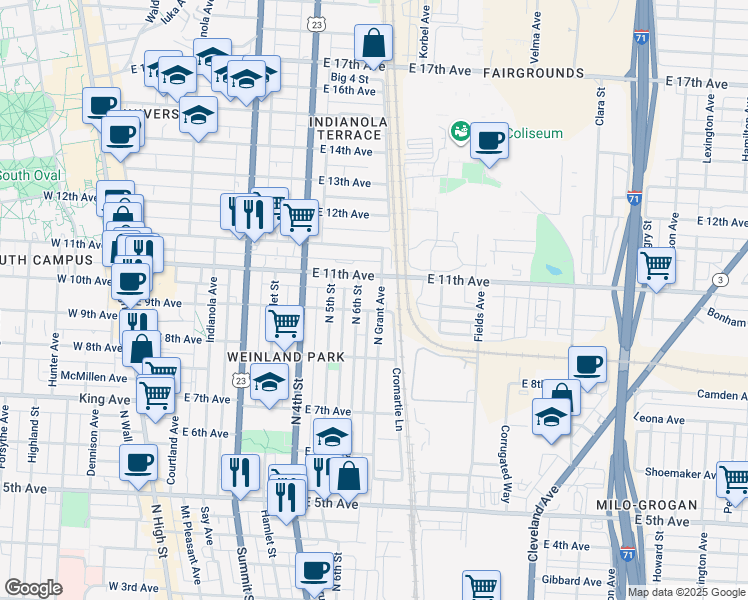 map of restaurants, bars, coffee shops, grocery stores, and more near 1444 North 6th Street in Columbus