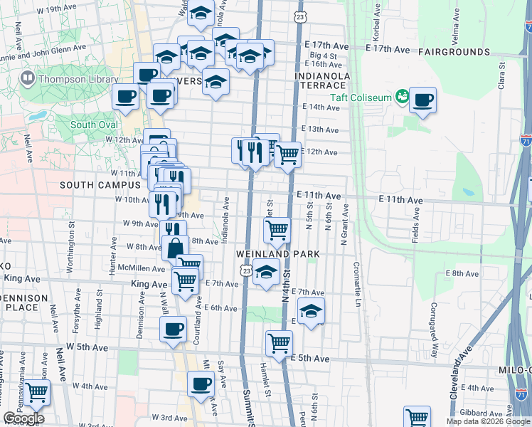 map of restaurants, bars, coffee shops, grocery stores, and more near in Columbus