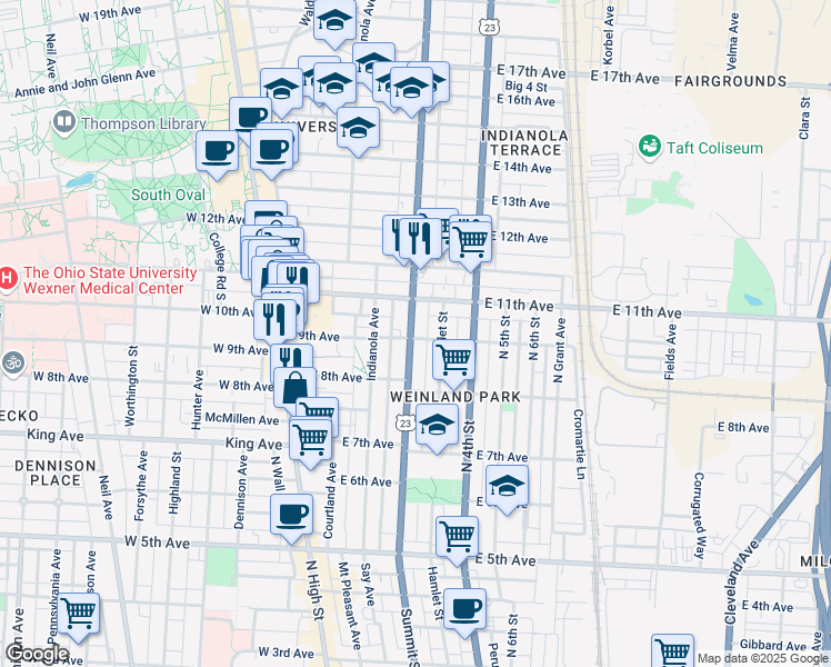map of restaurants, bars, coffee shops, grocery stores, and more near in Columbus