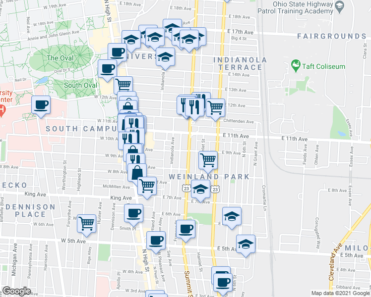 map of restaurants, bars, coffee shops, grocery stores, and more near 1469 Peters Alley in Columbus