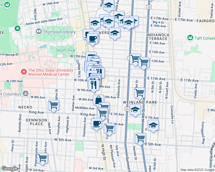 map of restaurants, bars, coffee shops, grocery stores, and more near 95 East 9th Avenue in Columbus