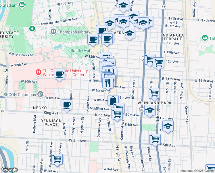 map of restaurants, bars, coffee shops, grocery stores, and more near 10 West 9th Avenue in Columbus