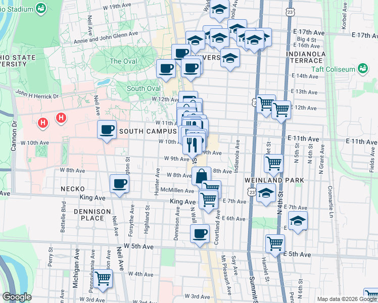 map of restaurants, bars, coffee shops, grocery stores, and more near 8 East 9th Avenue in Columbus