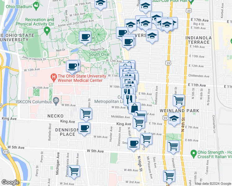 map of restaurants, bars, coffee shops, grocery stores, and more near 61 West 9th Avenue in Columbus