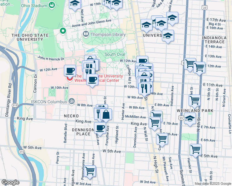 map of restaurants, bars, coffee shops, grocery stores, and more near in Columbus