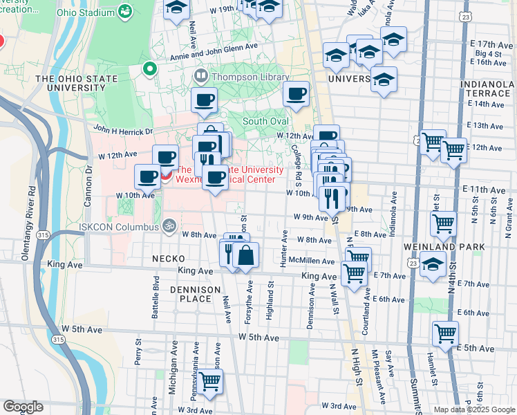 map of restaurants, bars, coffee shops, grocery stores, and more near in Columbus