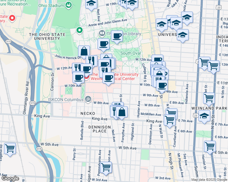 map of restaurants, bars, coffee shops, grocery stores, and more near 247 West 9th Avenue in Columbus