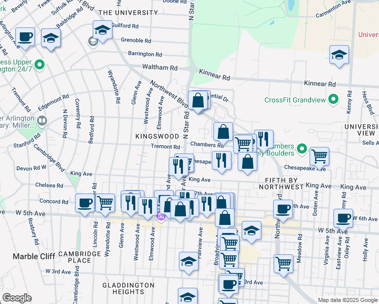 map of restaurants, bars, coffee shops, grocery stores, and more near 1737 North Star Road in Columbus
