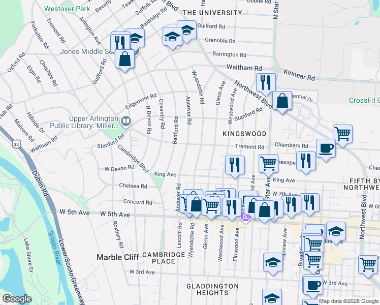 map of restaurants, bars, coffee shops, grocery stores, and more near 1777 Wyandotte Road in Columbus