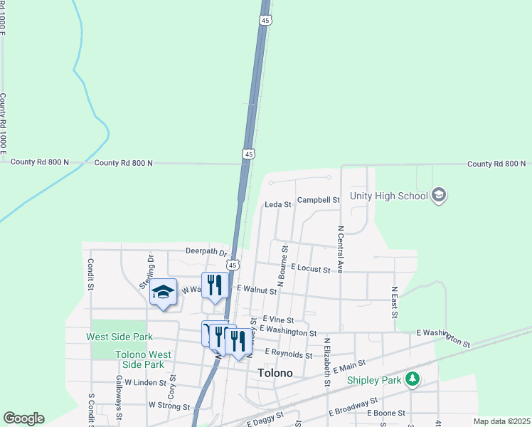 map of restaurants, bars, coffee shops, grocery stores, and more near 705 North Vorcey Street in Tolono