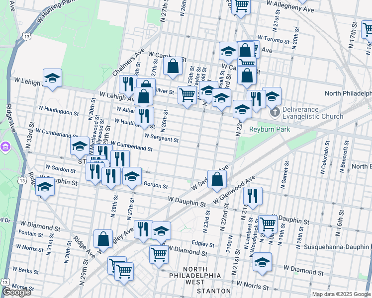 map of restaurants, bars, coffee shops, grocery stores, and more near 2434 West Firth Street in Philadelphia