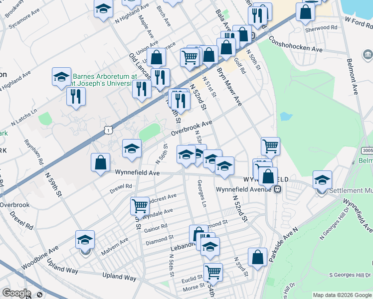 map of restaurants, bars, coffee shops, grocery stores, and more near 2415 North 54th Street in Philadelphia
