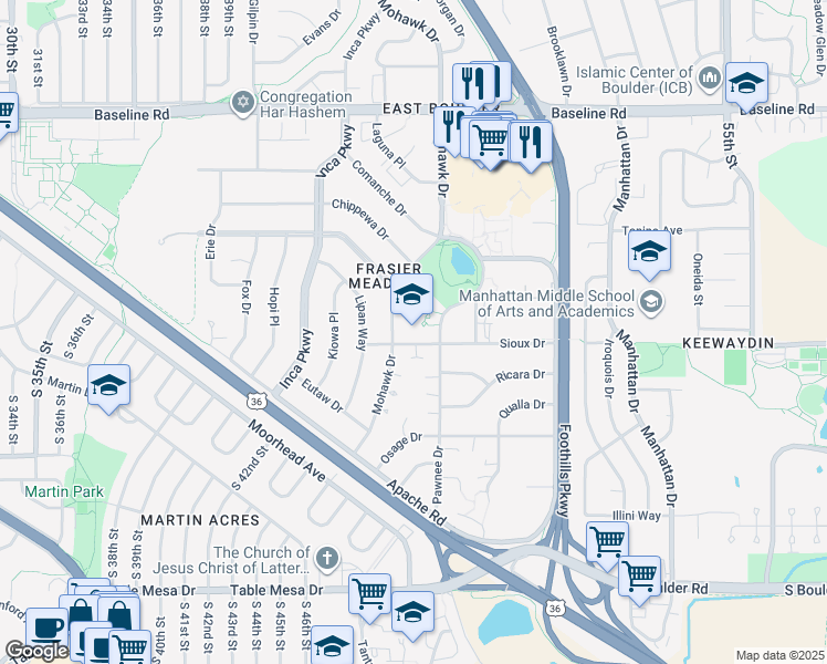 map of restaurants, bars, coffee shops, grocery stores, and more near 4545 Sioux Drive in Boulder