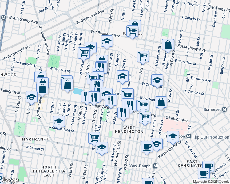 map of restaurants, bars, coffee shops, grocery stores, and more near 313 West Somerset Street in Philadelphia