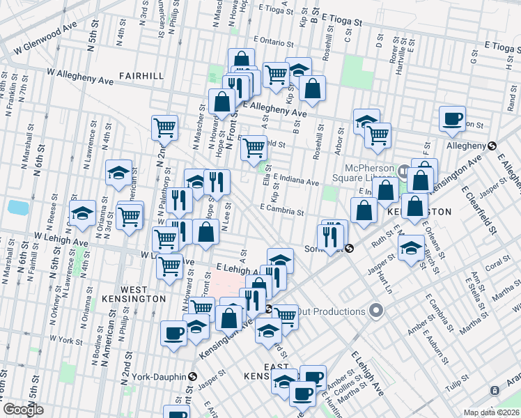 map of restaurants, bars, coffee shops, grocery stores, and more near 265 East Tusculum Street in Philadelphia