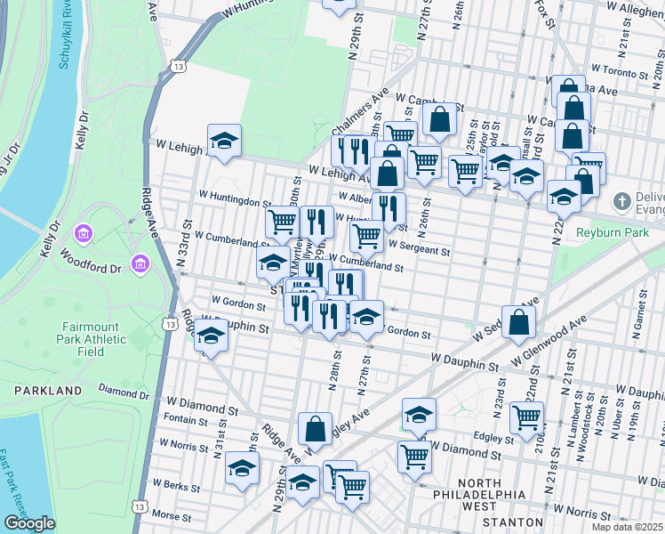 map of restaurants, bars, coffee shops, grocery stores, and more near 2457 North Dover Street in Philadelphia