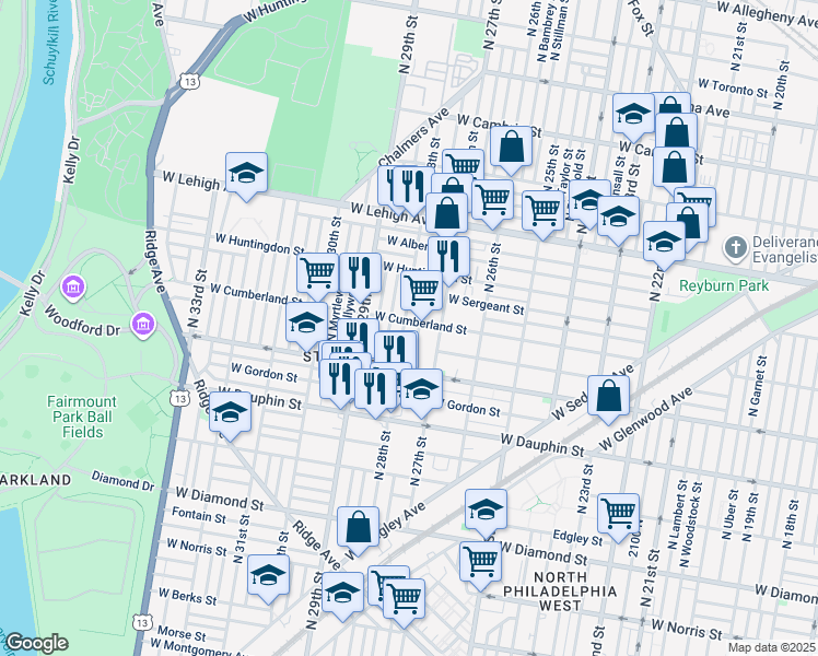 map of restaurants, bars, coffee shops, grocery stores, and more near 2463 North 28th Street in Philadelphia