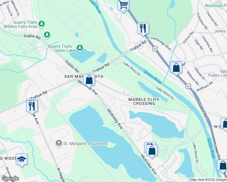 map of restaurants, bars, coffee shops, grocery stores, and more near 2575 Marblevista Boulevard in Columbus