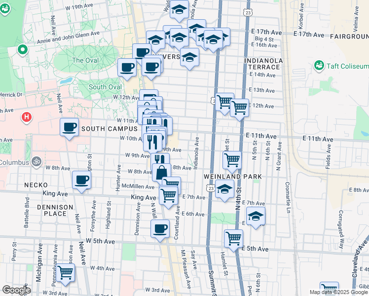 map of restaurants, bars, coffee shops, grocery stores, and more near 98 East 9th Avenue in Columbus