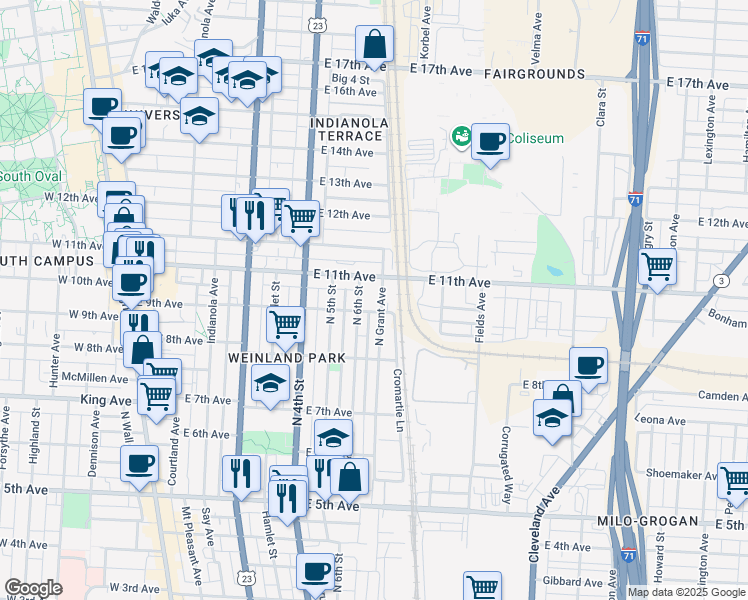 map of restaurants, bars, coffee shops, grocery stores, and more near 1444 North 6th Street in Columbus