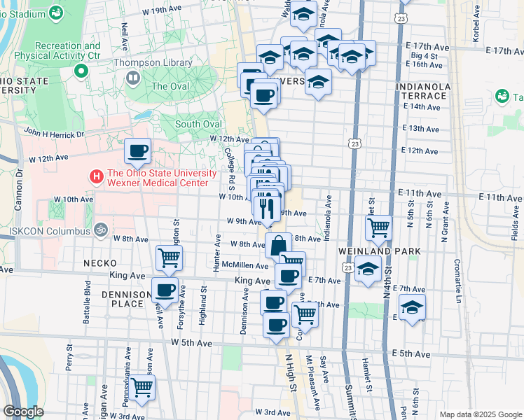 map of restaurants, bars, coffee shops, grocery stores, and more near 1529 North High Street in Columbus