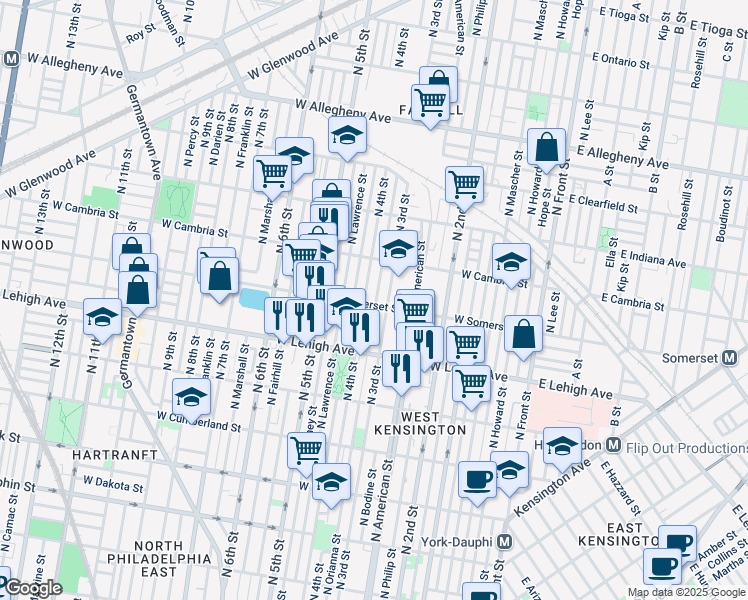 map of restaurants, bars, coffee shops, grocery stores, and more near 313 West Somerset Street in Philadelphia